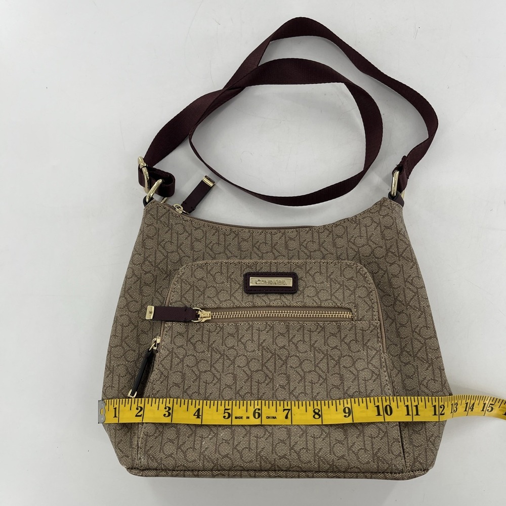 Rare Calvin Klein Signature Allover Monogram Taupe Crossbody Maroon Strap Gold - Picture 15 of 16